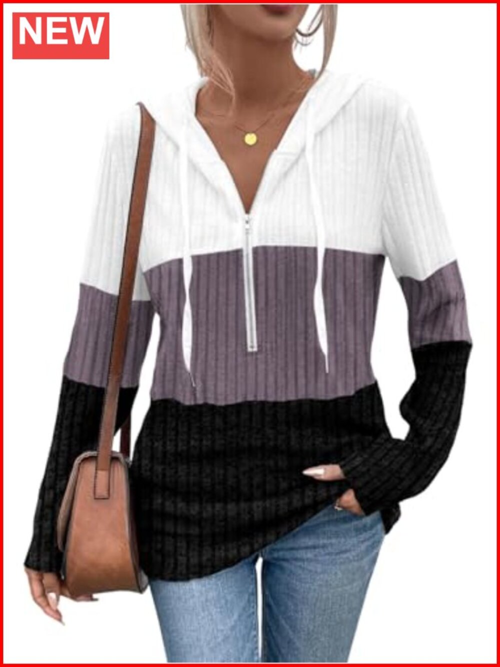 Women's Half Zip Hoodie Sweatshirt Color Block Ribbed Pullover